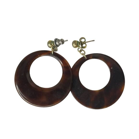 Vintage 60s Bakelite Drop Earrings Brown Gold Tone Metal Circle Dangle - Picture 2 of 3
